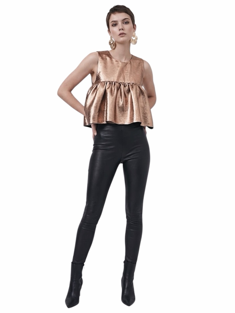 Zara Metallic Gold Bronze Cropped Peplum sleeveless Tank Top Size S NWT